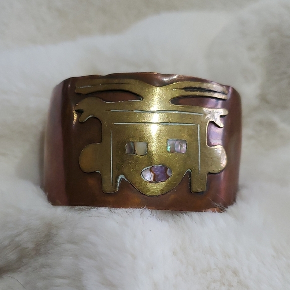 Vintage Jewelry - Tribal Copper and Gold Cuff Bracelet With Indigenous Face Boho Chic City Girl